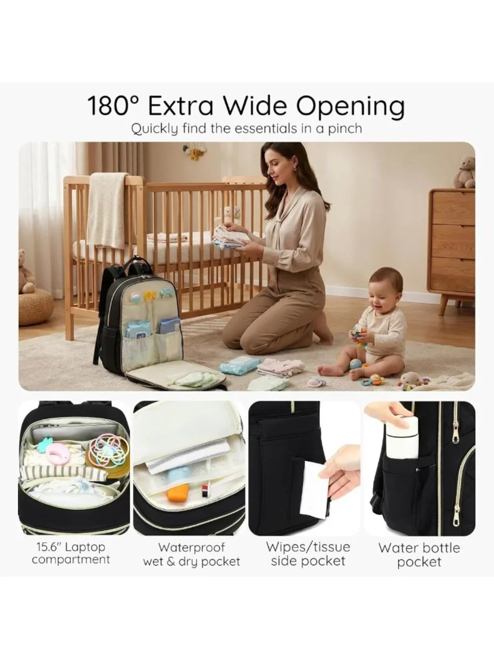 Stylish Large Diaper Bag Backpack with Changing Pad, Insulated Wet/Dry Pocket